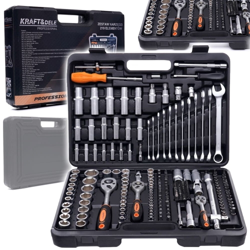 KOMPLET ZESTAW NARZĘDZI 219EL. KLUCZE NASADOWE 3 GRZECHOTKI WALIZKA