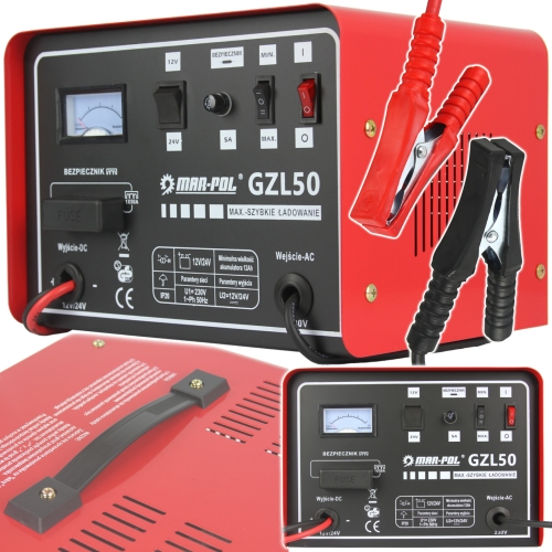PROSTOWNIK ŁADOWARKA DO SAMOCHODÓW GZL-50 12V/24V SZYBKIE ŁADOWANIE 50A